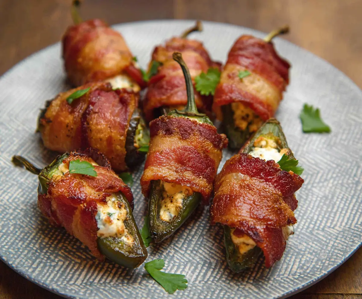 Delicious bacon wrapped jalapeño poppers with melted cheese inside