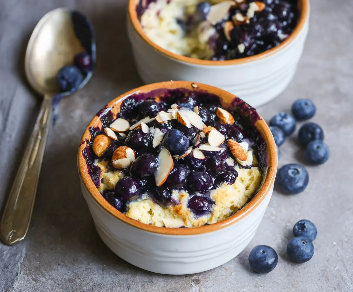 Delicious baked blueberry cottage cheese breakfast bowls in a bowl with fresh blueberries on top