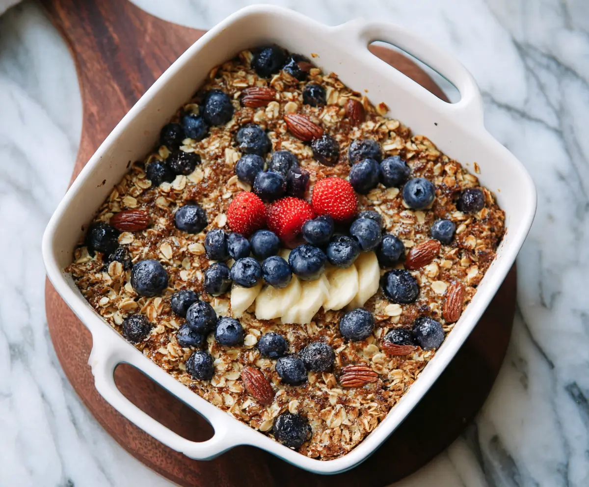 Baked breakfast oatmeal in a baking dish with fresh berries and nuts