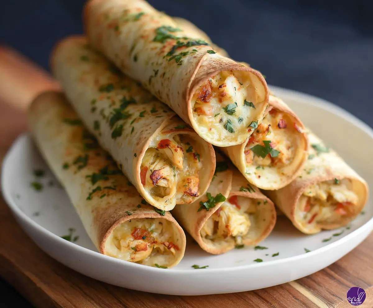 Delicious baked chicken taquitos on a serving platter, crispy and golden brown, perfect for a flavorful appetizer or snack.
