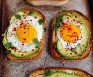 Delicious baked egg and avocado toast on a rustic plate for a healthy breakfast