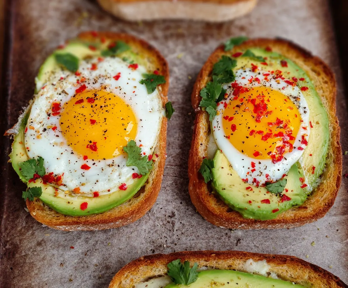 Delicious baked egg and avocado toast on a rustic plate for a healthy breakfast