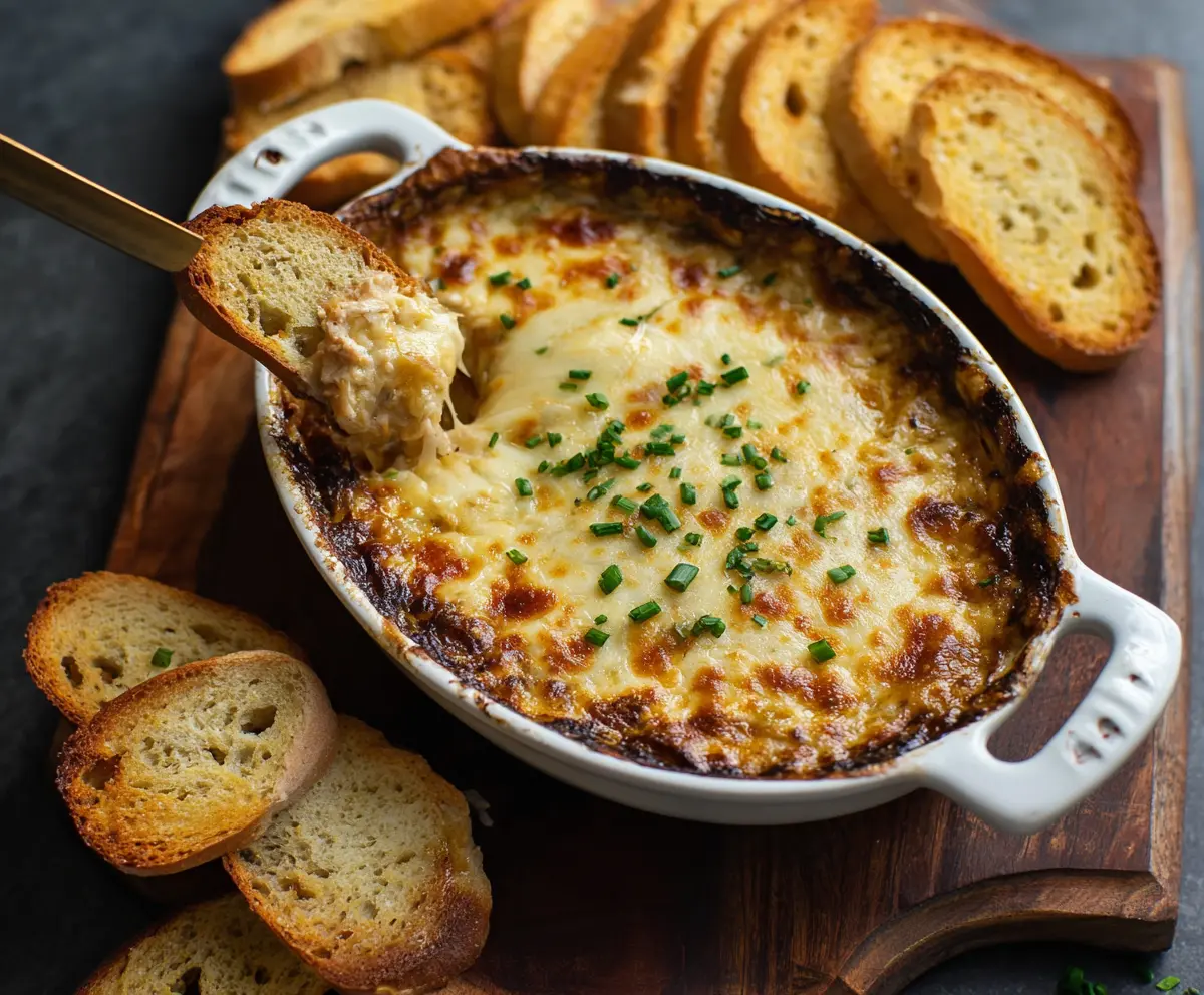 Delicious baked French onion dip topped with melted cheese and caramelized onions in a serving bowl.