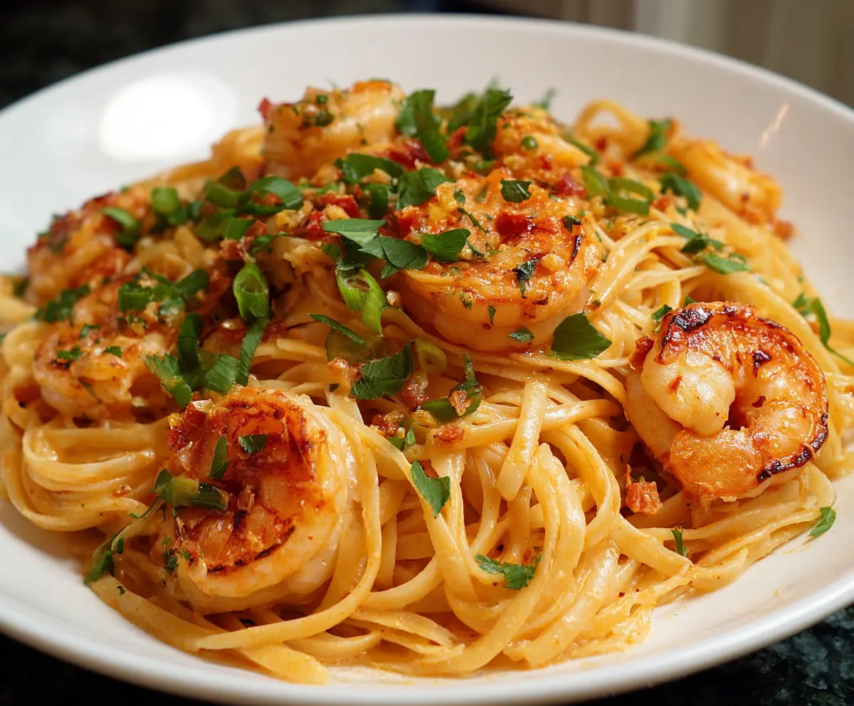 Creamy Bang Bang Shrimp Pasta with crispy shrimp and spicy sauce on a plate.