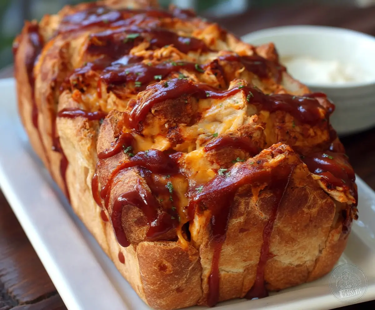 Delicious BBQ Chicken Pull Apart Bread with melted cheese and savory BBQ sauce.