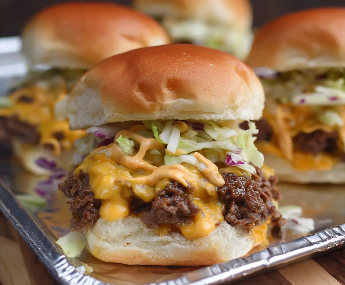 Delicious beefy Big Mac sliders with melted cheese and fresh toppings on a platter.