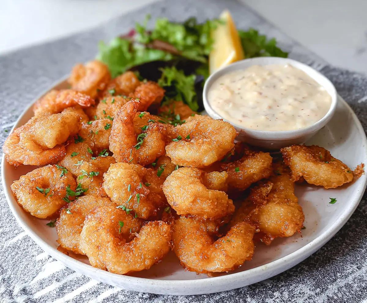 Crispy Beer Batter Fried Shrimp served with lemon wedges and dipping sauce