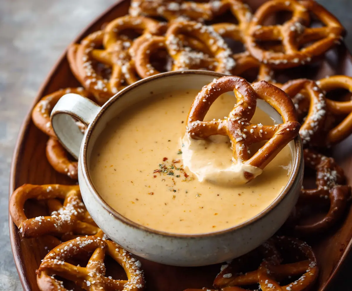 Creamy beer cheese dip served with crispy pretzels, perfect for snacks or parties.