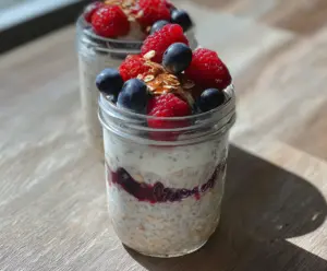 Delicious Berries and Cream Overnight Oats in a glass jar topped with fresh berries and a drizzle of cream.