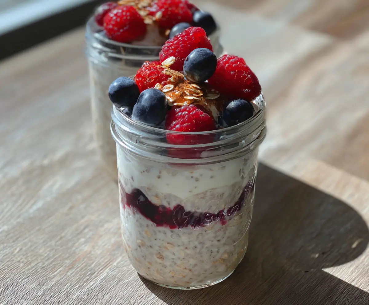 Delicious Berries and Cream Overnight Oats in a glass jar topped with fresh berries and a drizzle of cream.