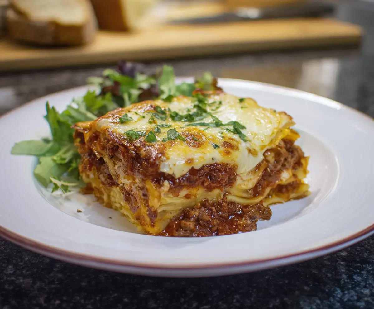 Delicious homemade Bison Lasagna with layers of seasoned bison meat and melted cheese.