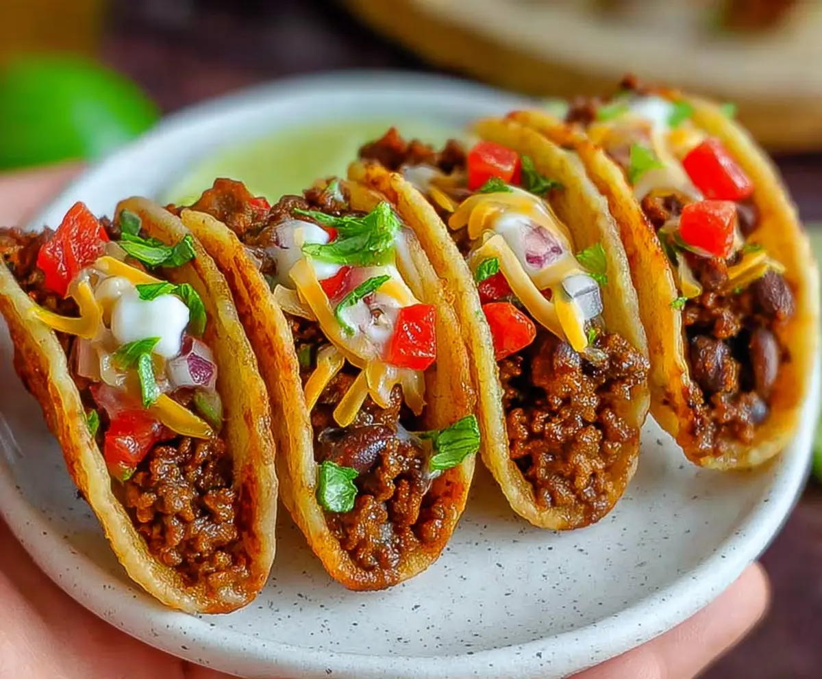 Delicious bite-sized mini tacos filled with fresh ingredients on a wooden table.