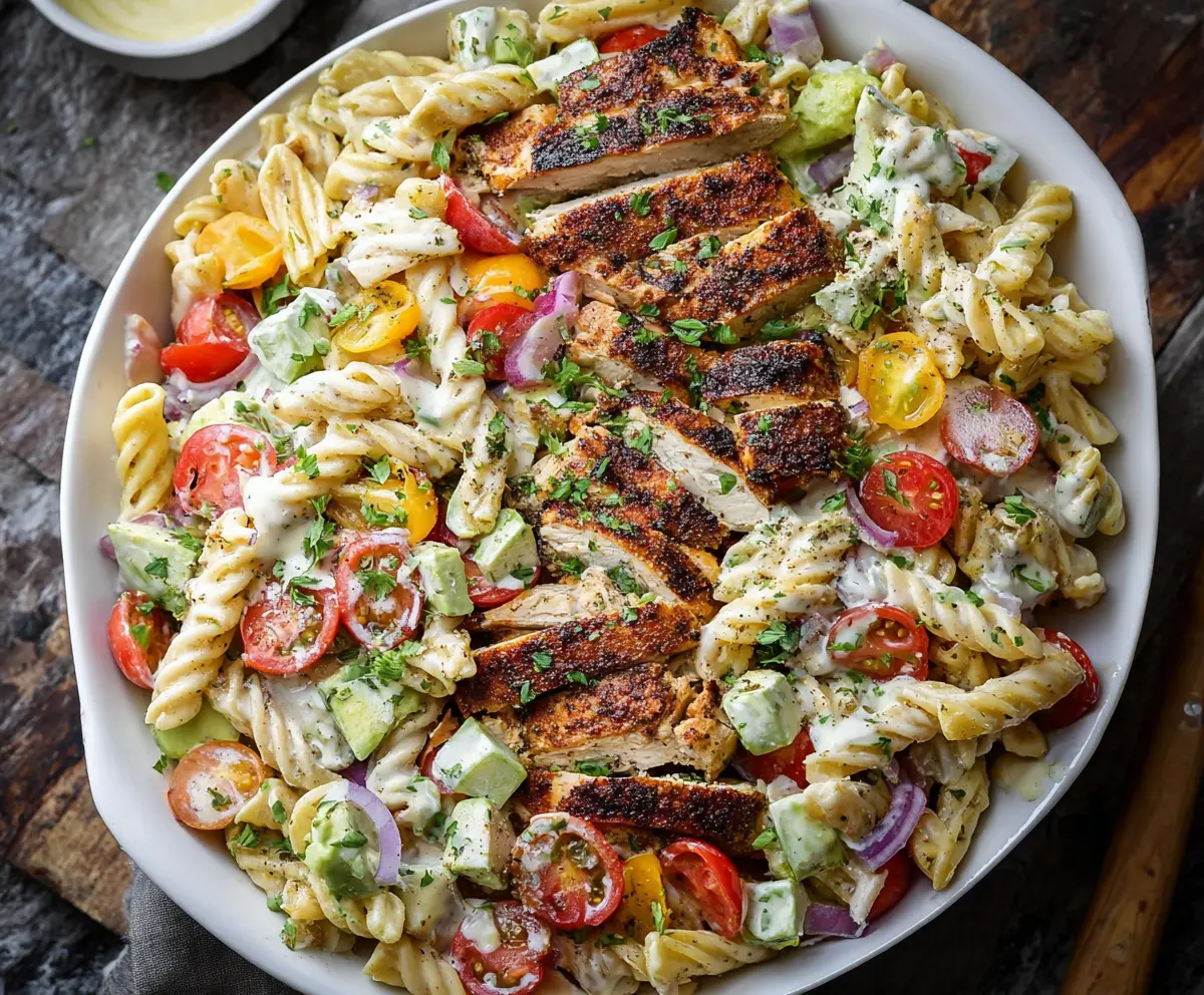 Delicious blackened chicken pasta salad with fresh vegetables and herbs ready to serve