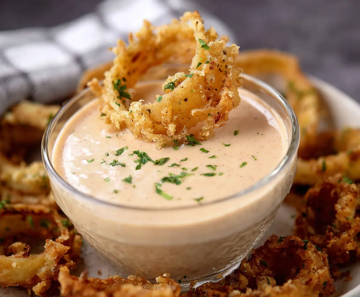 Creamy Bloomin Onion Sauce served with crispy onion petals for dipping.