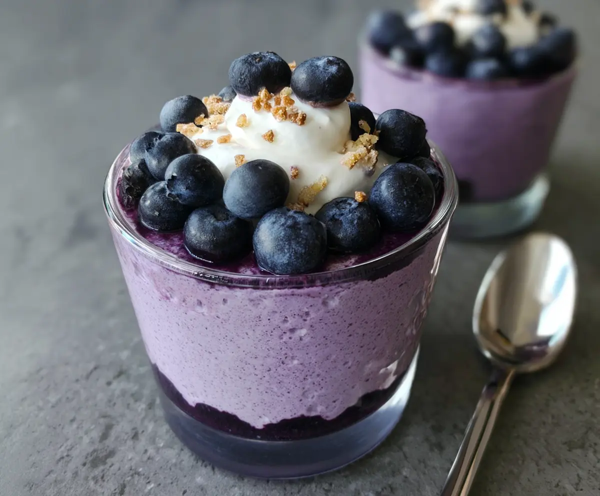 Delicious Blueberry Cottage Cheese Mousse served in a glass bowl with fresh blueberries on top.