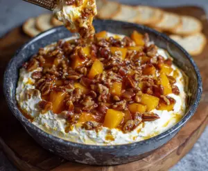 Delicious Bourbon Peach Pecan Dip served with fresh fruit and crackers.