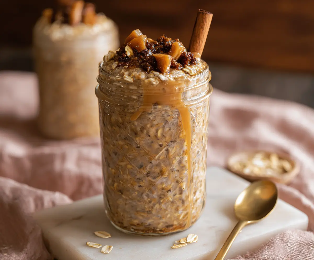 Delicious Brown Sugar Espresso Overnight Oats in a glass jar garnished with coffee beans and a sprinkle of brown sugar.