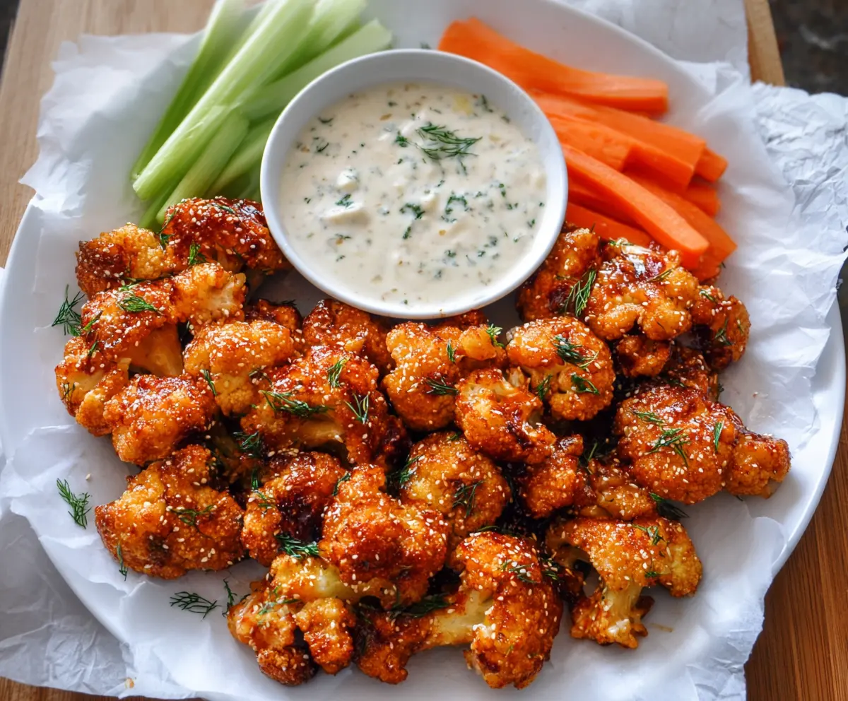 Crispy Buffalo Cauliflower Wings served with celery and blue cheese dip on a white platter