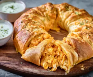 Delicious Buffalo Chicken Crescent Ring served hot with creamy dipping sauce
