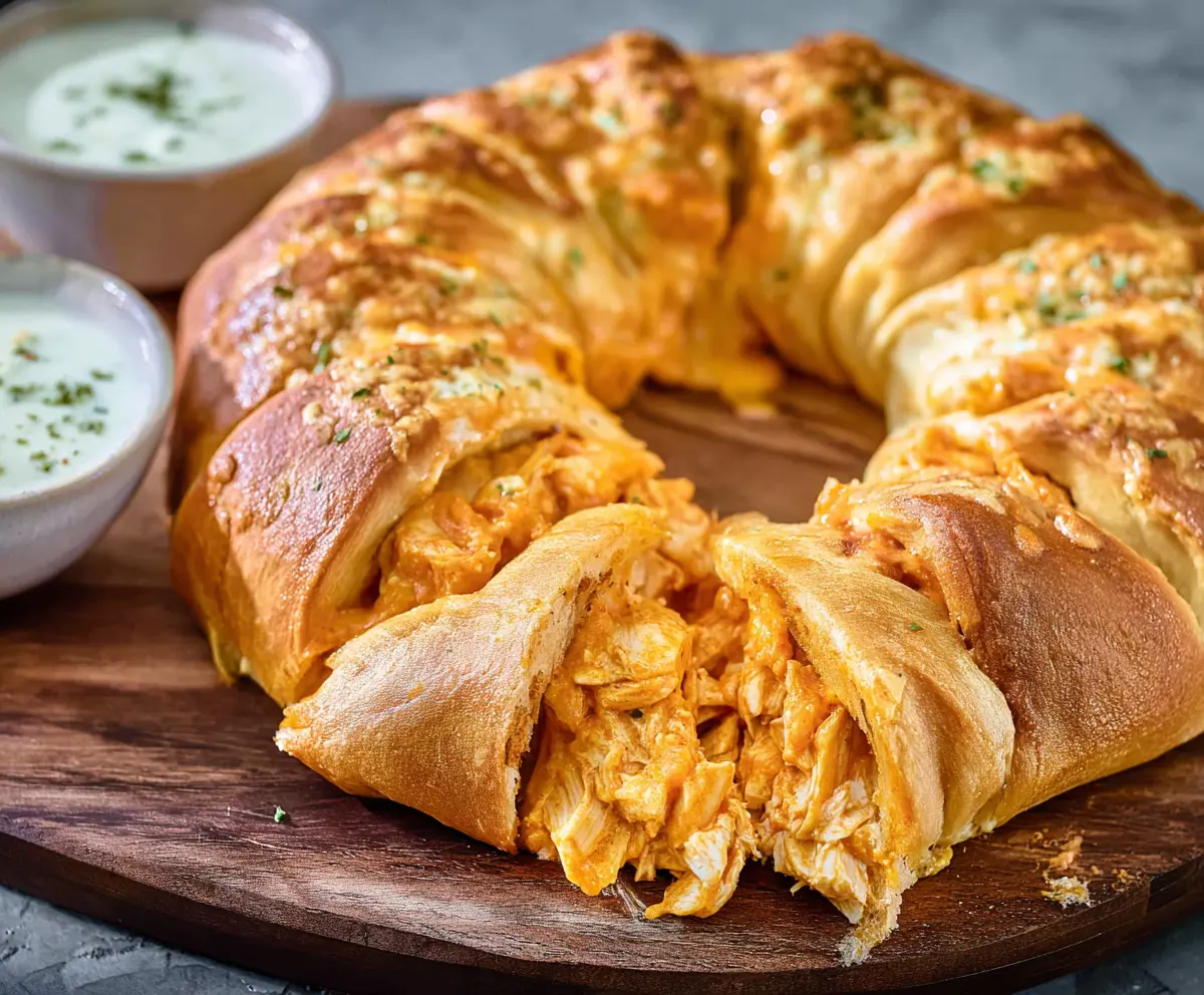 Delicious Buffalo Chicken Crescent Ring served hot with creamy dipping sauce