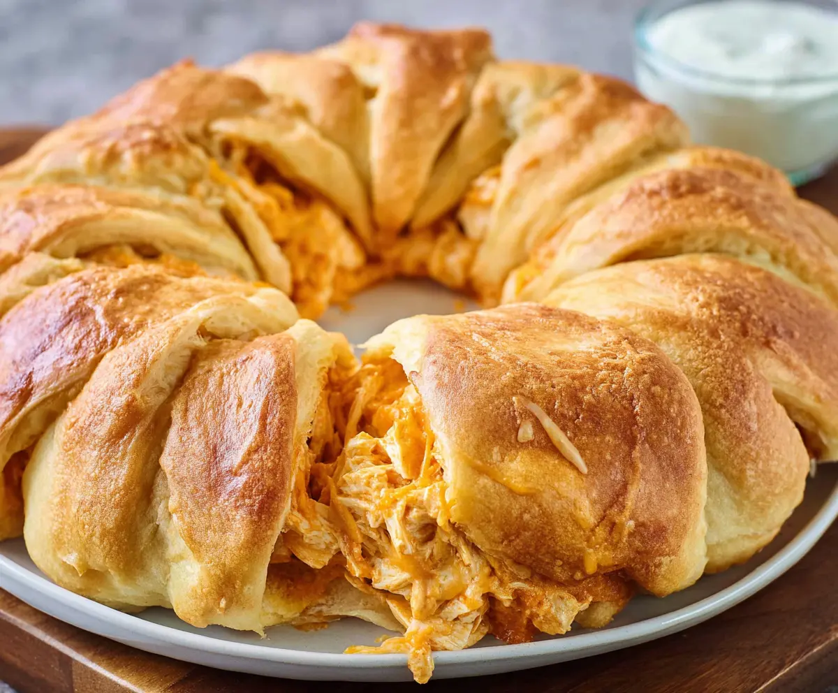 Delicious Buffalo Chicken Crescent Roll Ring ready to serve as a spicy appetizer.