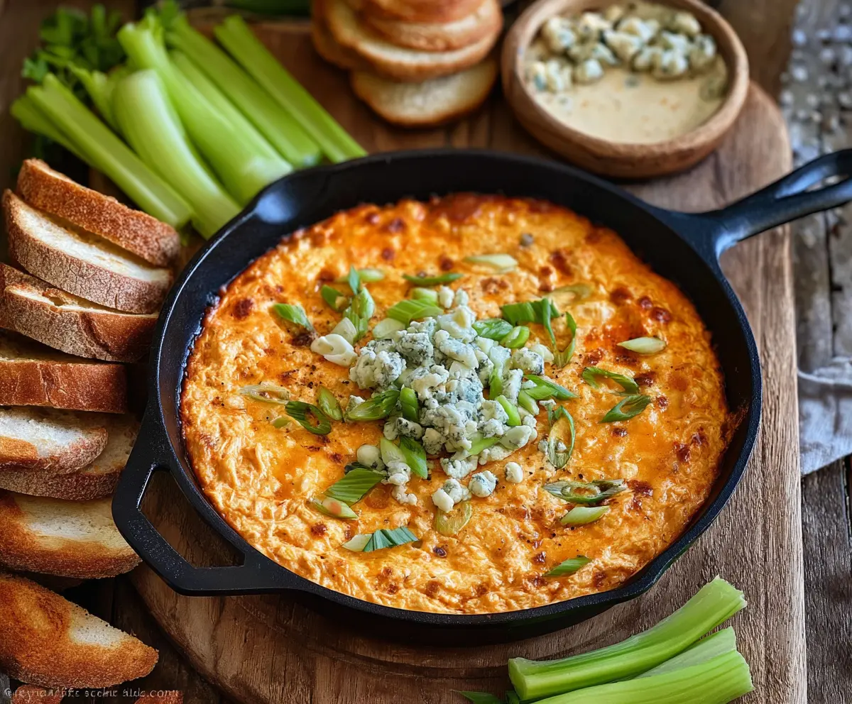 Creamy buffalo chicken dip topped with tangy blue cheese crumbles, perfect for party snacks.