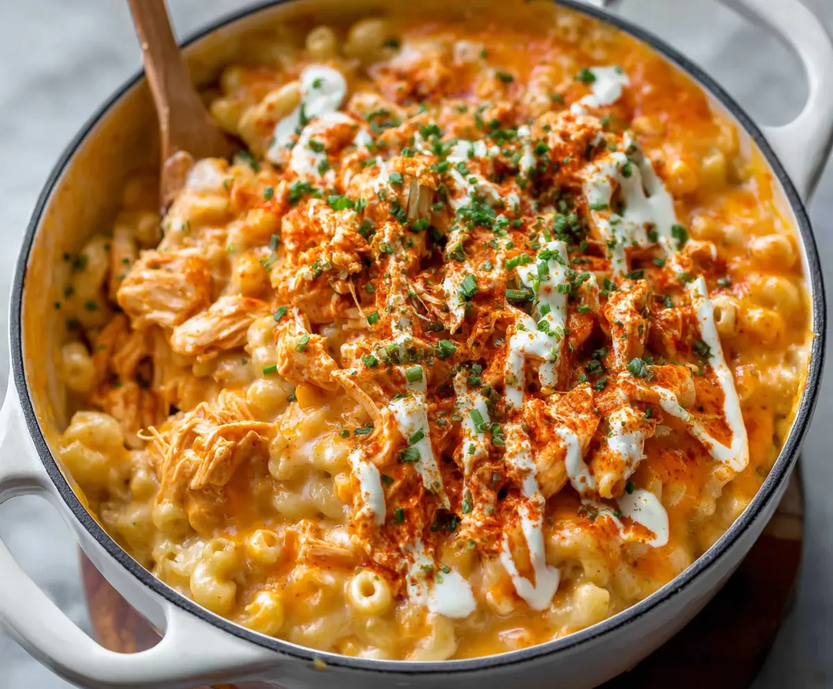Delicious Buffalo Chicken Mac and Cheese with spicy buffalo sauce and melted cheese topping