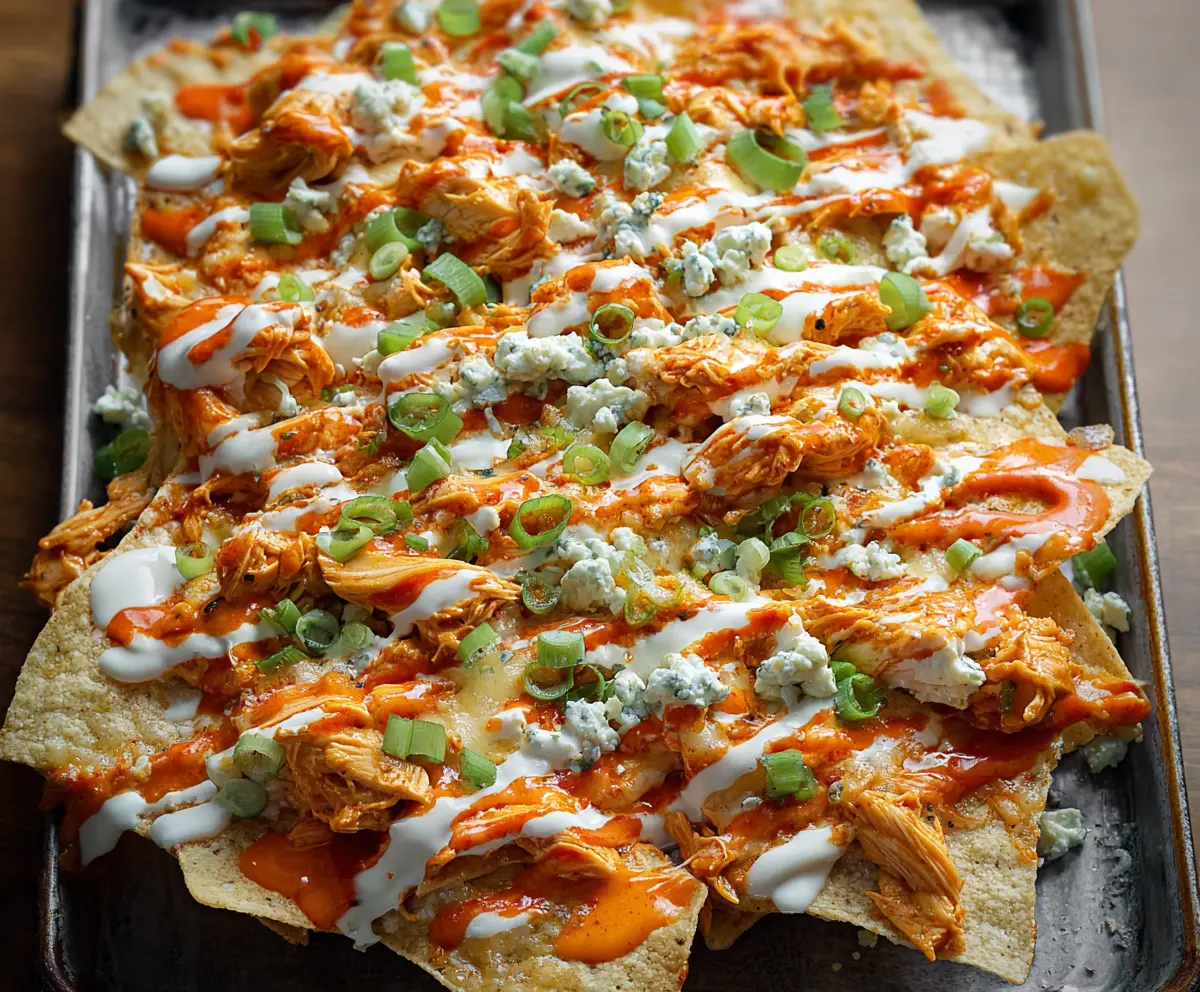 Buffalo Chicken Nachos with melted cheese and spicy buffalo sauce on crispy tortilla chips
