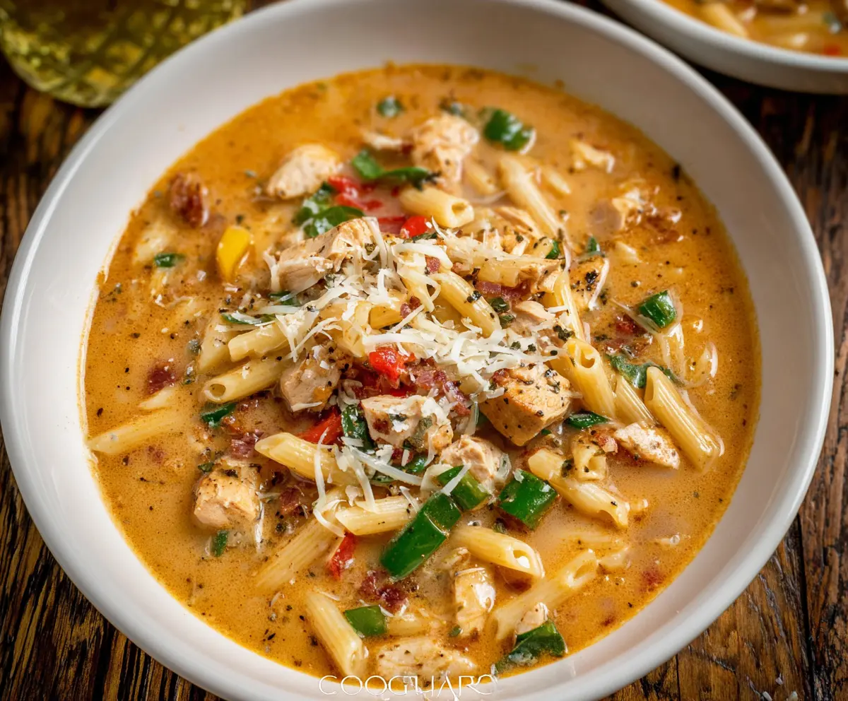 Delicious Cajun Chicken Soup Pasta with tender chicken, vibrant vegetables, and creamy pasta sauce.