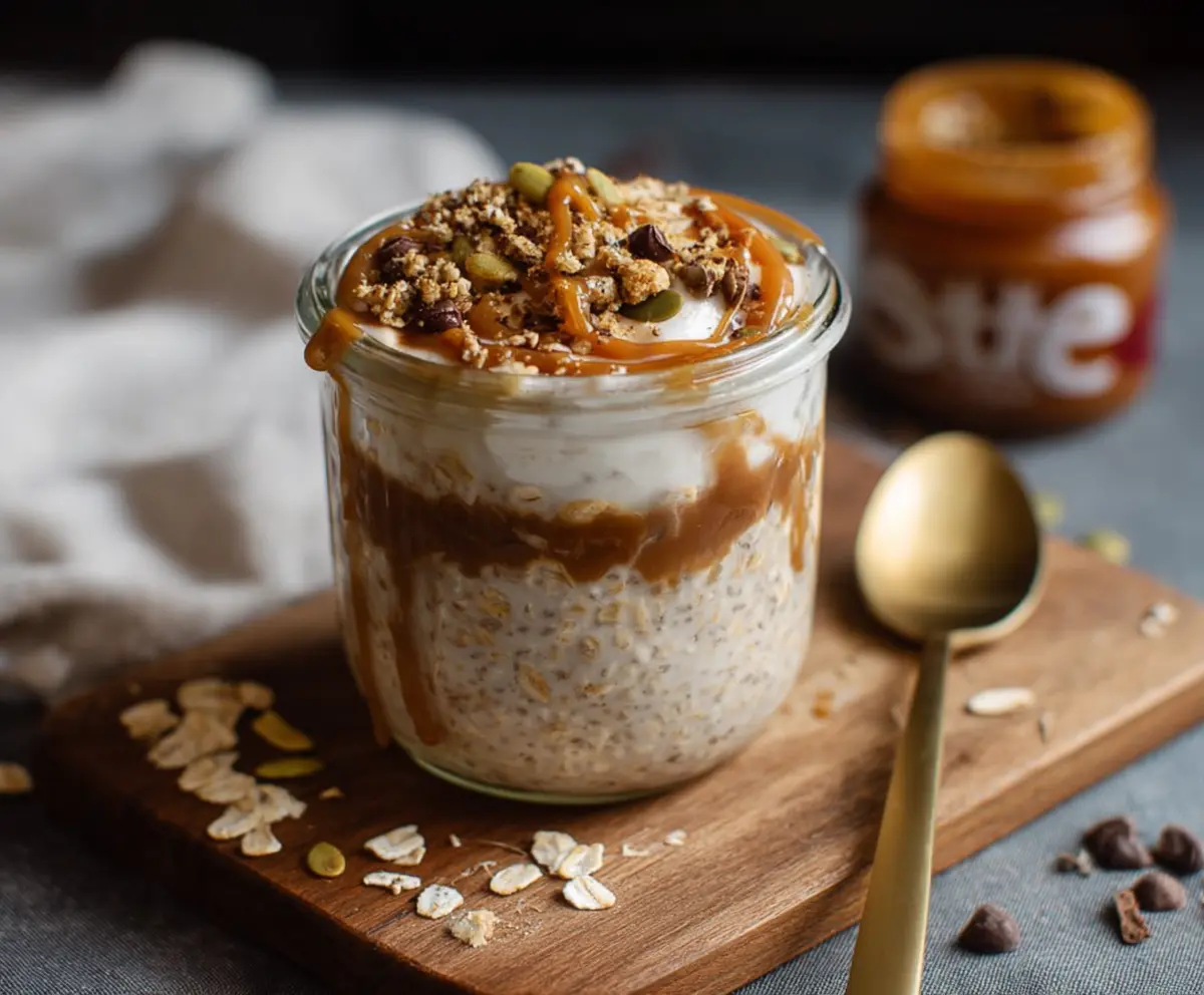 Creamy caramel macchiato overnight oats topped with caramel drizzle and whipped cream for a delicious breakfast.