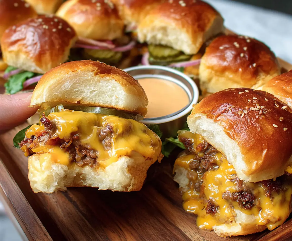 Delicious cheeseburger sliders with melted cheese and fresh toppings on a platter.