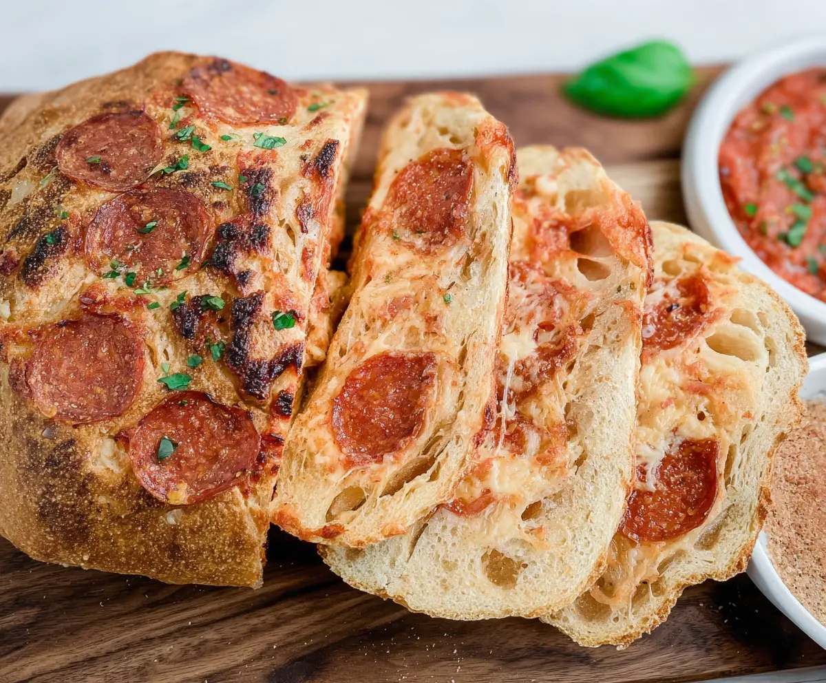 Delicious cheesy pepperoni sourdough pizza bread fresh out of the oven.
