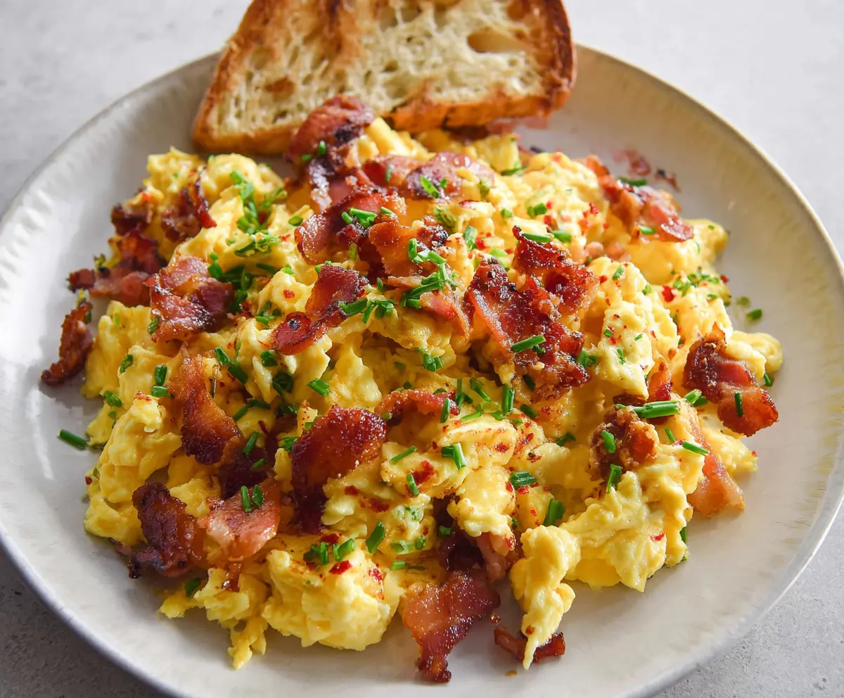 Delicious cheesy scrambled eggs with crispy bacon for a hearty breakfast.