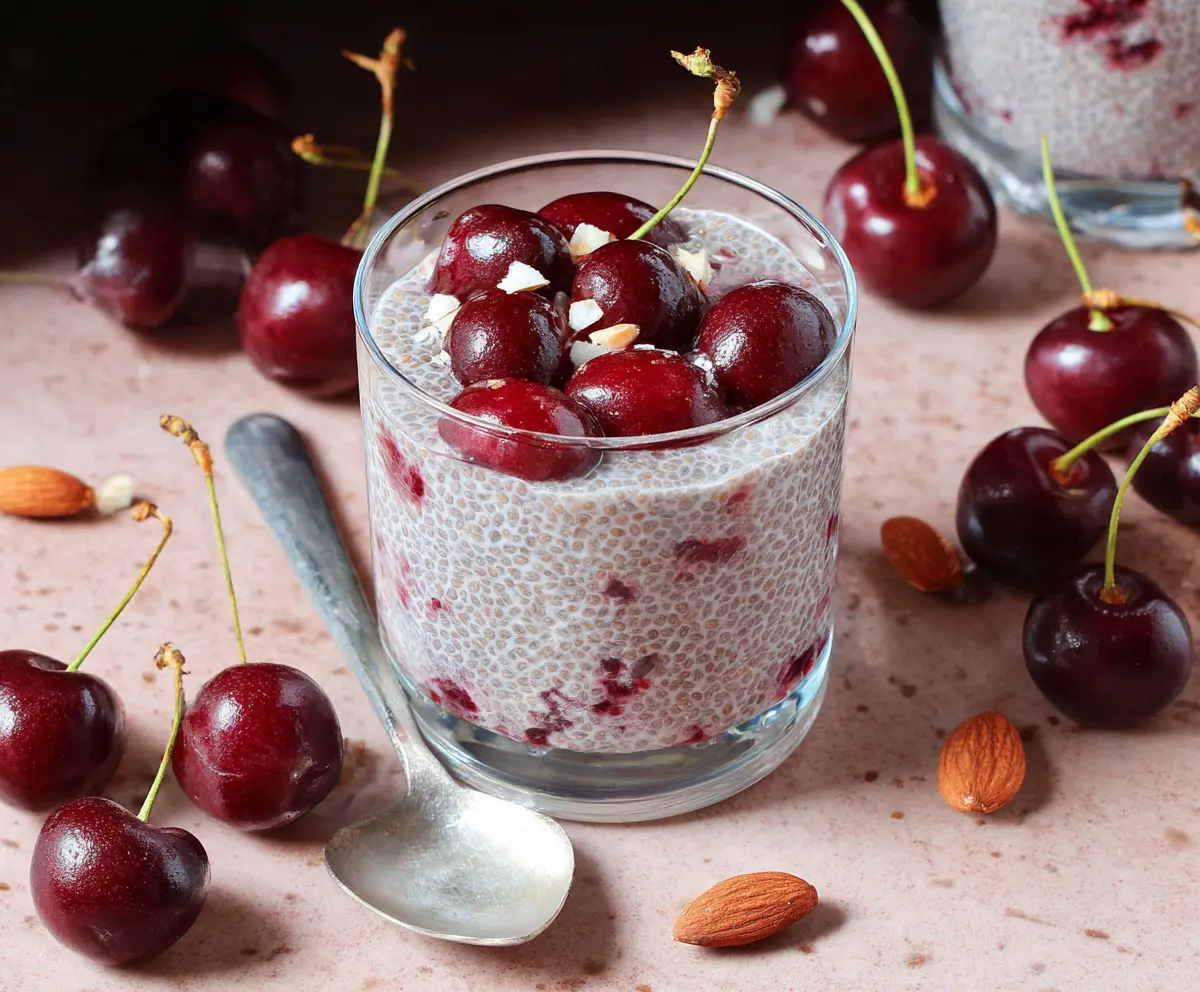 Delicious Cherry Chia Pudding topped with fresh cherries and seeds, showcasing a healthy vegan dessert.