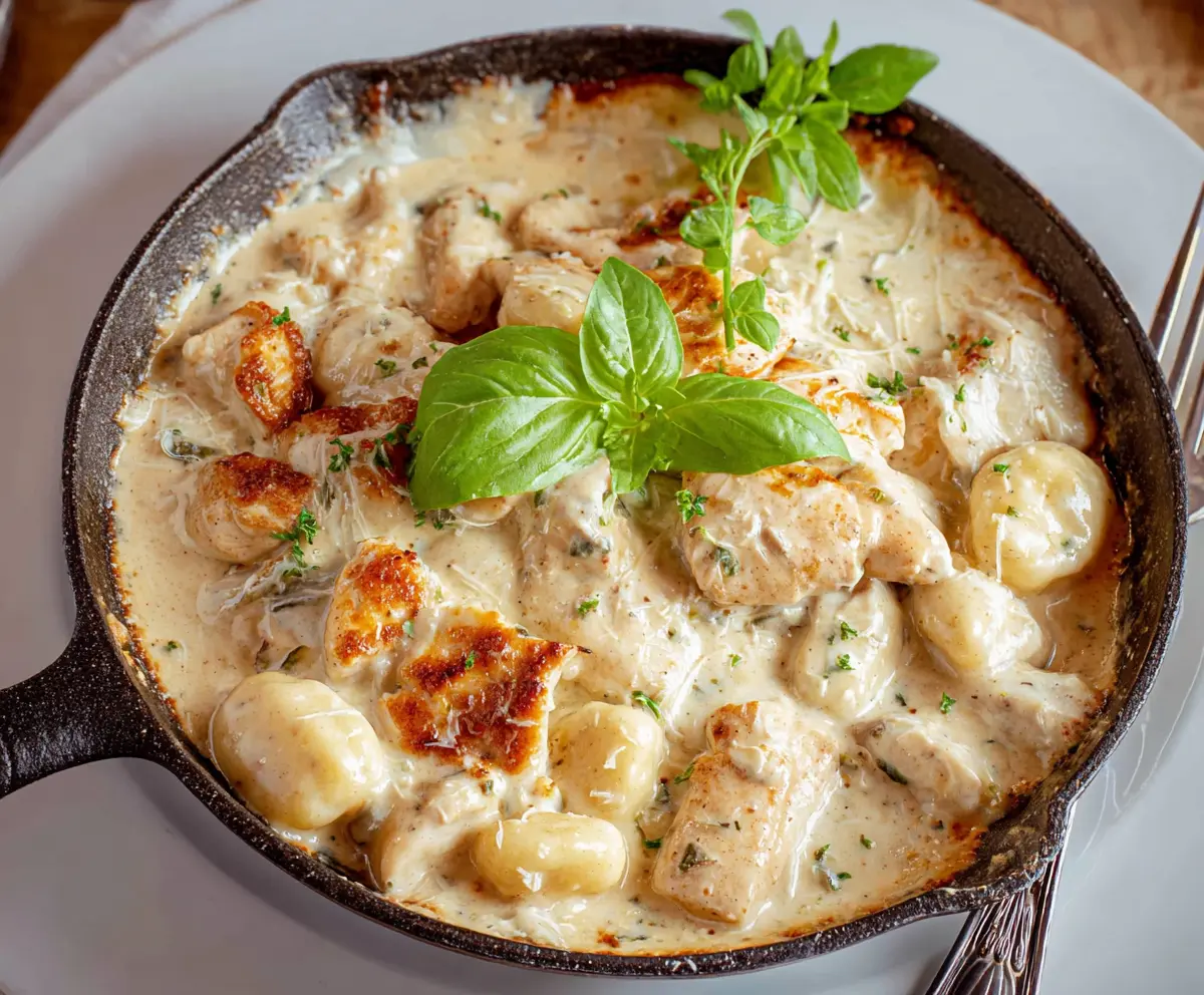 Creamy Chicken Gnocchi Alfredo served in a white bowl with fresh herbs and Parmesan cheese.
