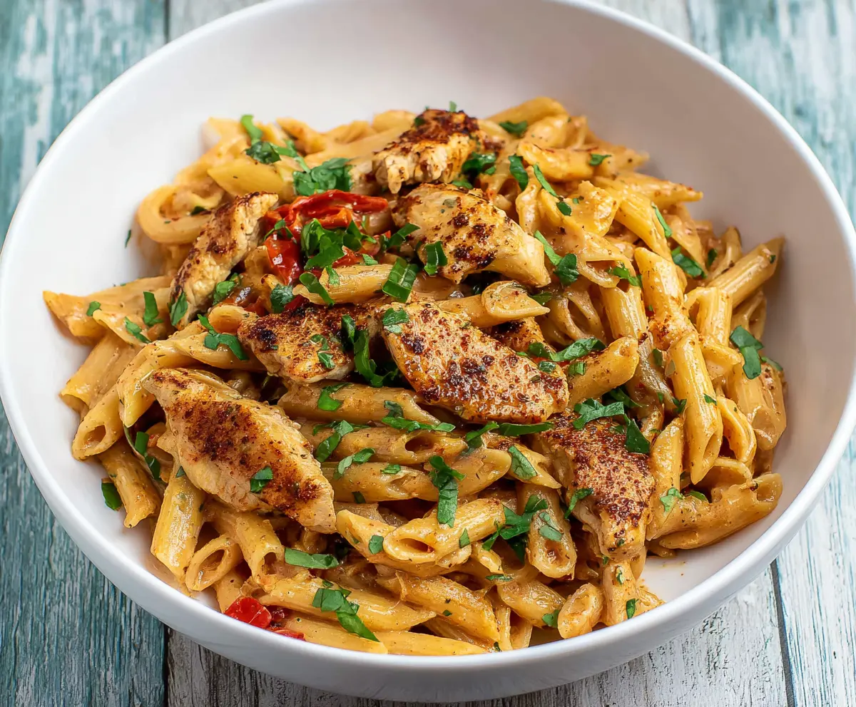 Spicy Cajun Chicken Pasta dish with creamy sauce and fresh herbs
