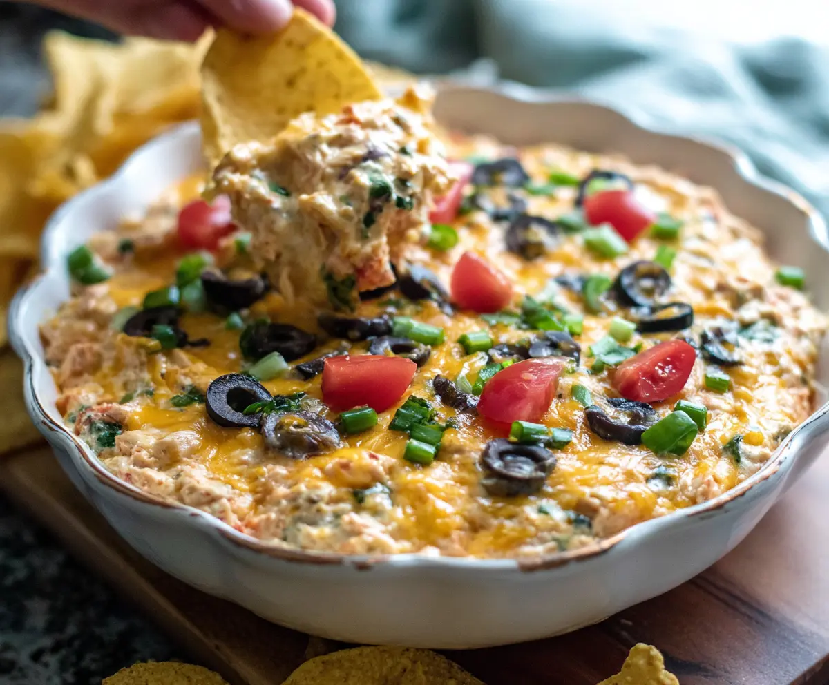 Delicious chicken taco dip served with fresh vegetables and tortilla chips.