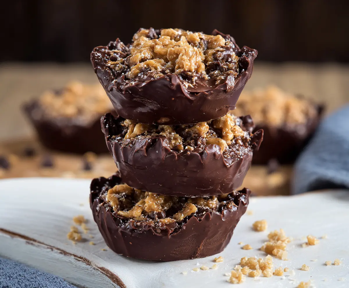 Delicious Chocolate Peanut Butter Crunch Cups with a glossy chocolate coating and crunchy peanut filling