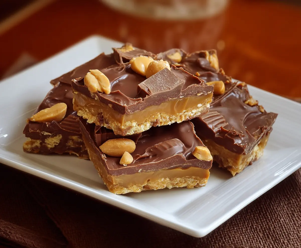 Delicious Chocolate Peanut Butter Cup Cracker Toffee dessert with rich chocolate and creamy peanut butter layers.