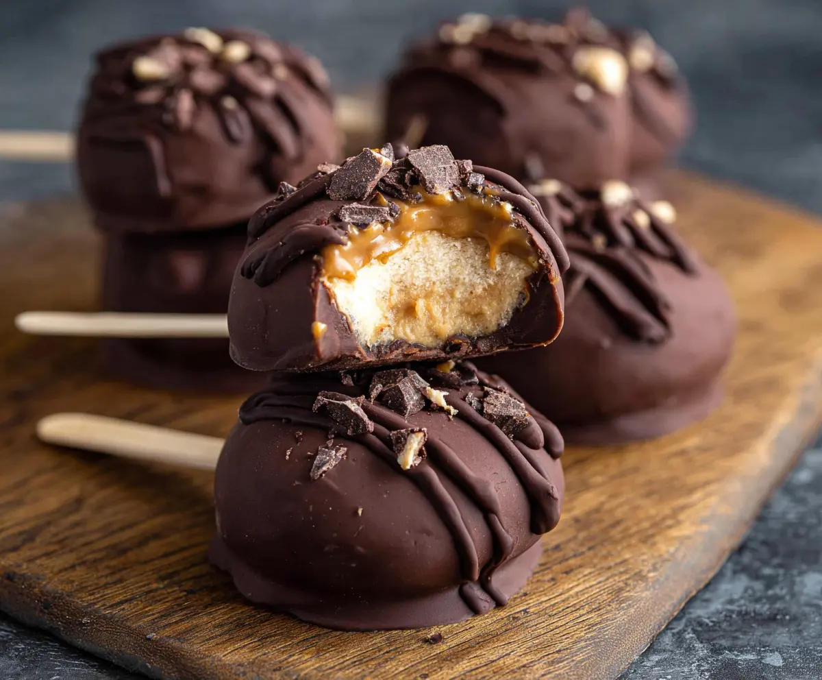 Delicious chocolate peanut butter frozen yogurt bites on a white plate with chocolate pieces