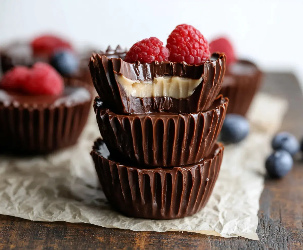 Healthy chocolate protein yogurt cups topped with fresh berries and nuts, perfect for a nutritious snack.