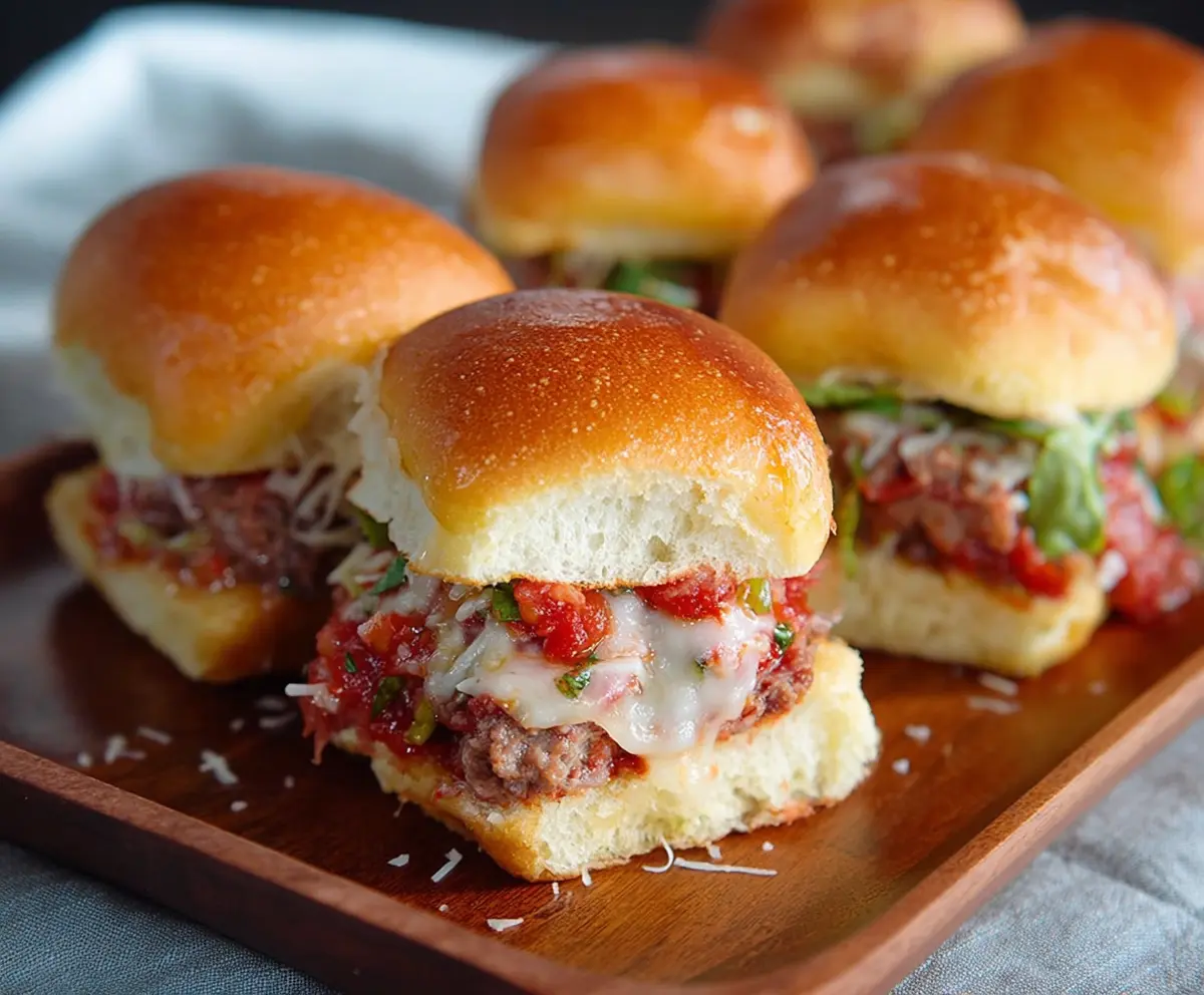 Close-up of chopped Italian sliders with melted cheese and fresh toppings on a wooden serving platter.
