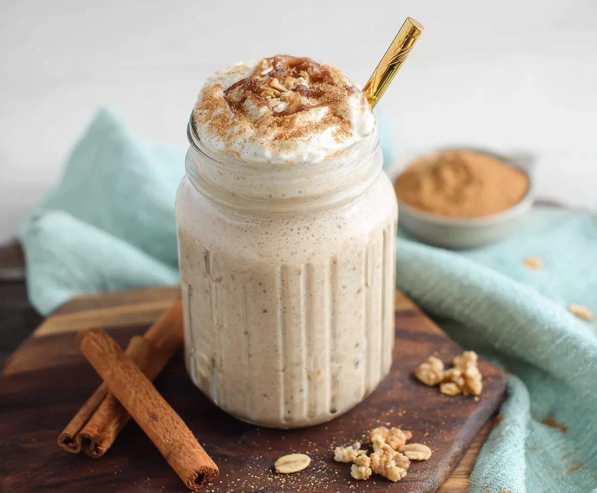 Creamy Cinnamon Roll Protein Shake in a glass with cinnamon and whipped cream topping