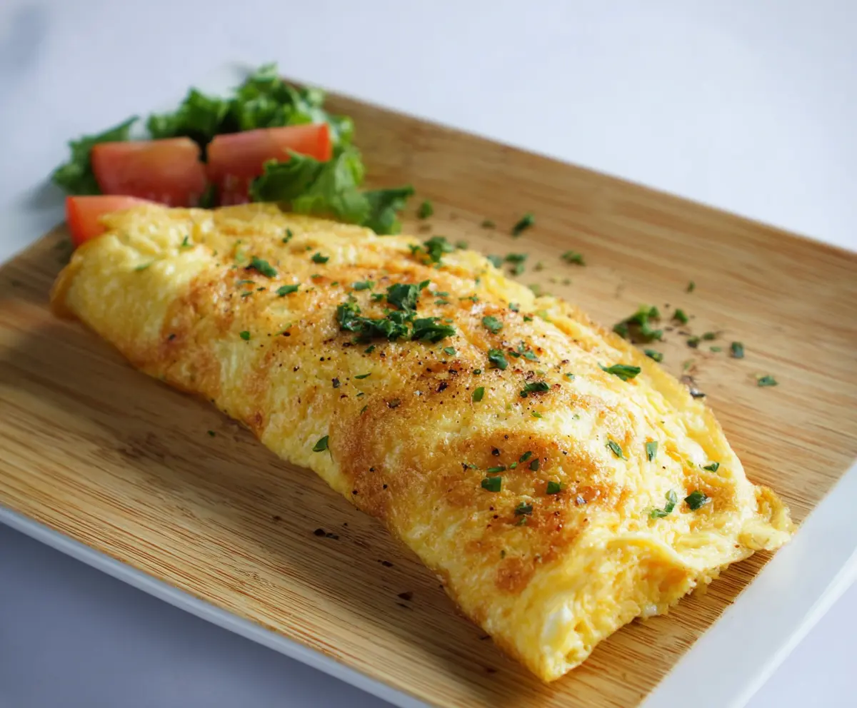 Delicious classic omelet with fluffy eggs and melted cheese on a white plate.