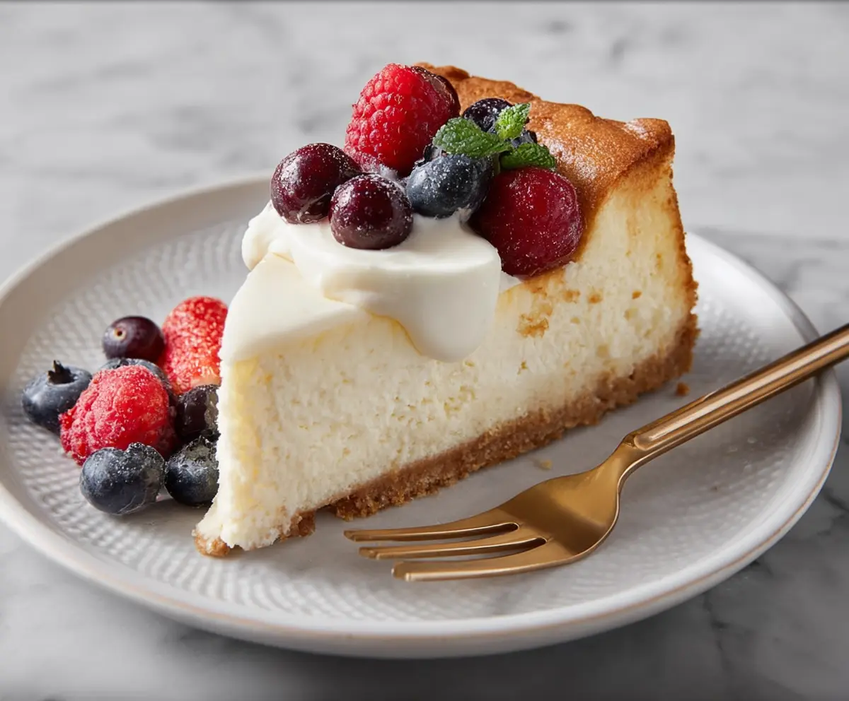 Delicious cottage cheese cheesecake with a creamy texture and golden crust served on a white plate.
