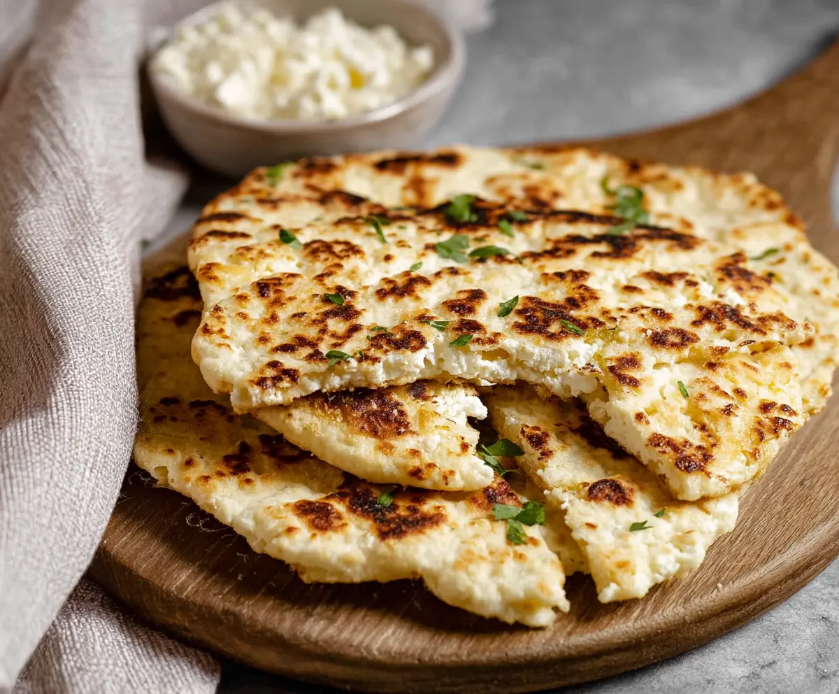 Delicious homemade cottage cheese flatbread topped with herbs and spices.