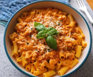 Creamy cottage cheese pasta sauce served on spaghetti for a healthy meal.