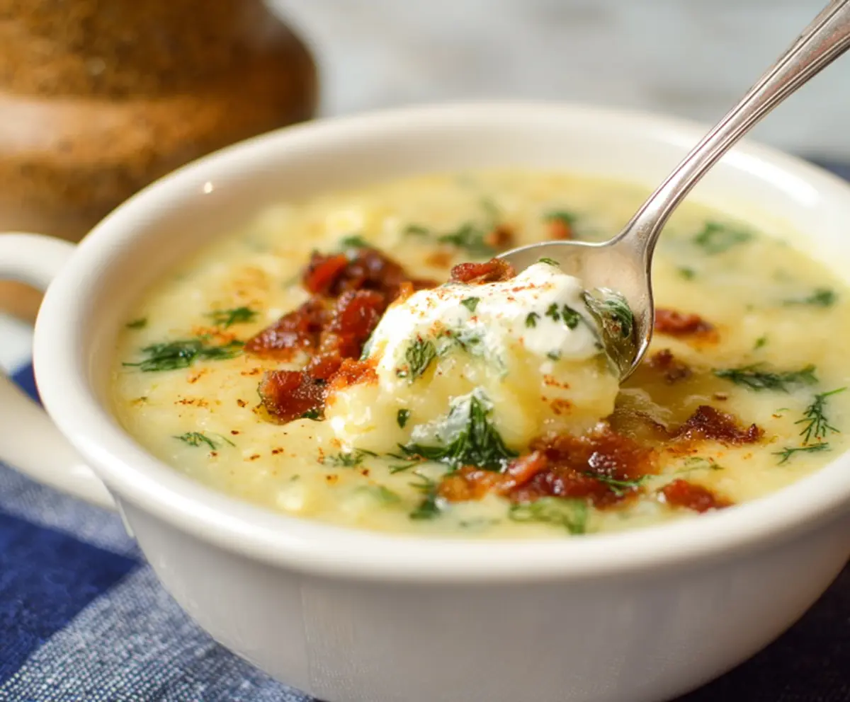 Creamy cottage cheese potato soup served in a bowl, garnished with herbs.