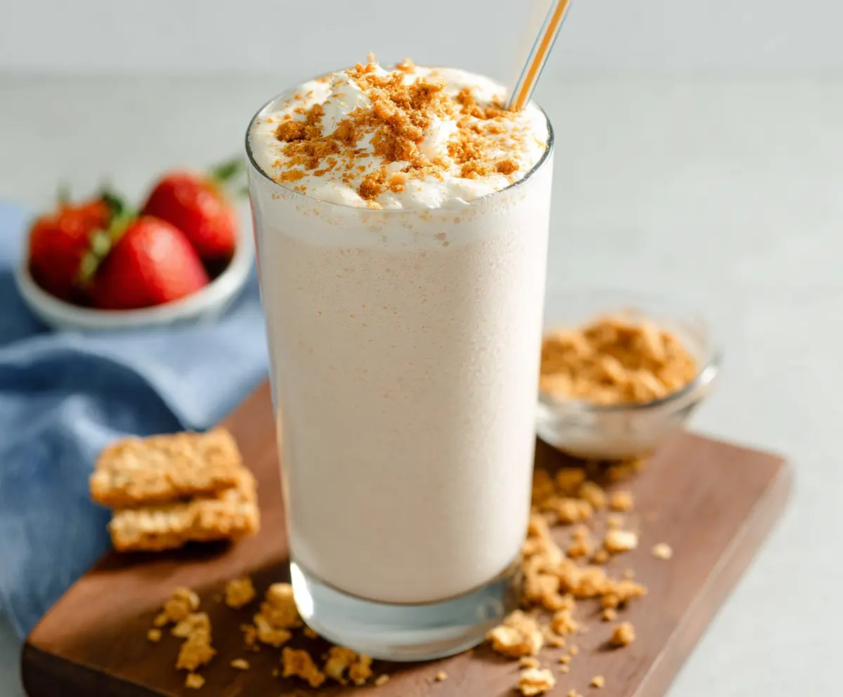 Creamy cottage cheese shake in a glass with a straw, garnished with fresh fruit.