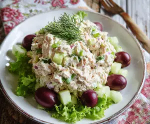 Fresh cottage cheese and tuna salad with vegetables on a plate, healthy meal idea.